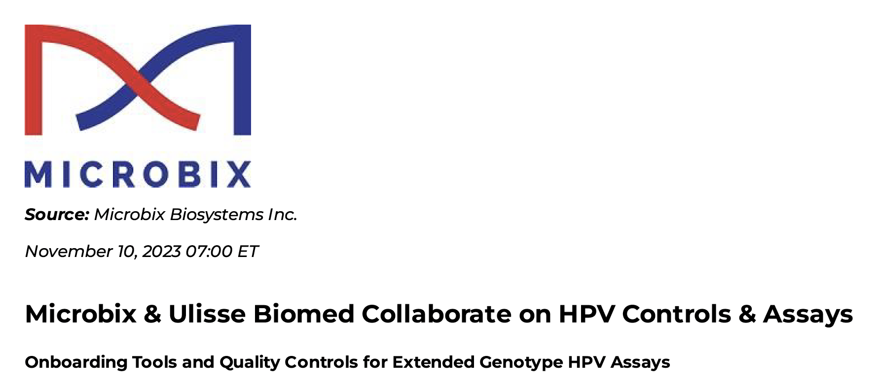 NEW COLLABORATION BETWEEN ULISSE BIOMED AND MICROBIX